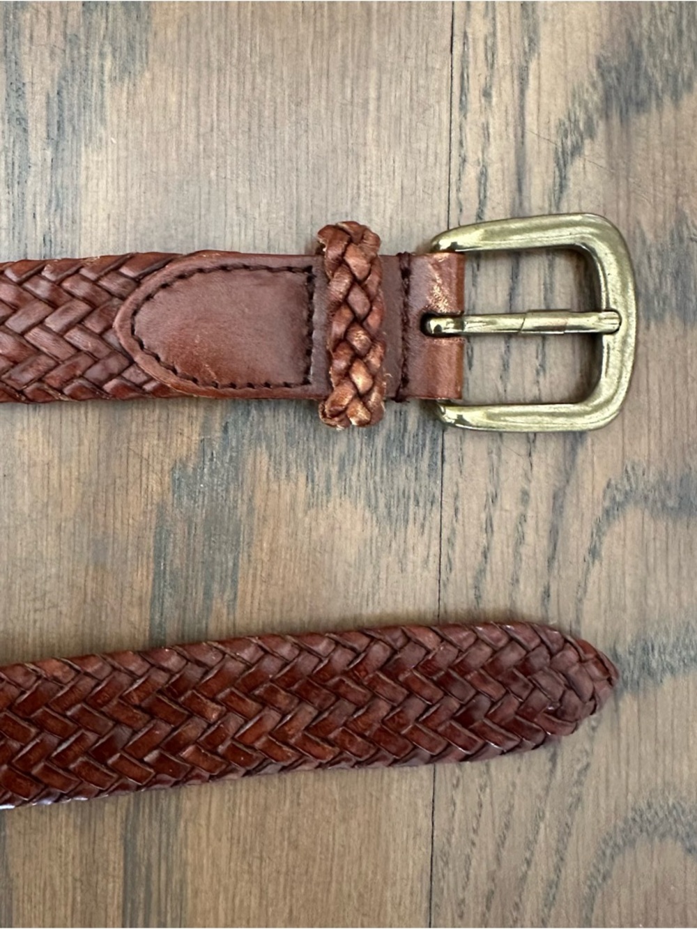 Vintage Talbots Braided Glossy Leather Belt Square Brass Buckle Warm Brown Small
